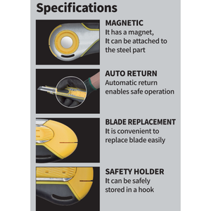 लोकप्रिय ऑटो-रिट्रेटेबल सुरक्षा चुंबकीय चाकू 9 मिमी सुरक्षा ब्लेड स्व-रिट्रेटिंग स्नैप-ऑफ <span class=keywords><strong>3</strong></span> रंग जस्ता-मिश्र धातु पीला और काला - Product Image 2