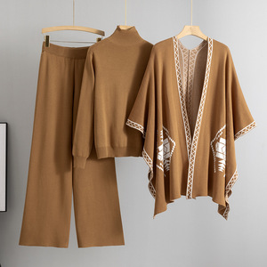 Ensemble tricoté automne-hiver, <span class=keywords><strong>cape</strong></span> jacquard, haut à col rond, pantalon large décontracté, ensemble trois pièces, tenue pull pour femme - Product Image 3