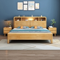 Lit de rangement en bois massif nordique avec dossier ouvrable, lampe de chevet intégrée, tête de lit lumineuse, design gain de place, tailles King/Full/Queen