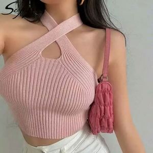 Nouvel Arrivage I-0240 – Débardeur Halter Sexy pour Femme, Couleur Unie, en Polyester Tissé, Printemps/Été, Modèle Court Évidé à Bretelles Croisées - Product Image 4