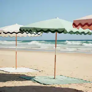 8ft Australia Fiberglass Frame Canvas Material Large Wooden Pole Vintage Scalloped Edge Outdoor Garden Umbrella For Beach Patio