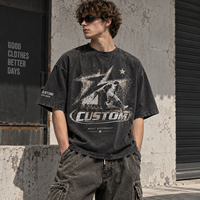 Kaos Oblong Rajut Katun Murni 300 Gram Custom Grosir, Hitam Vintage Washed Retro War Figure Solid Ramah Lingkungan, Model Longgar