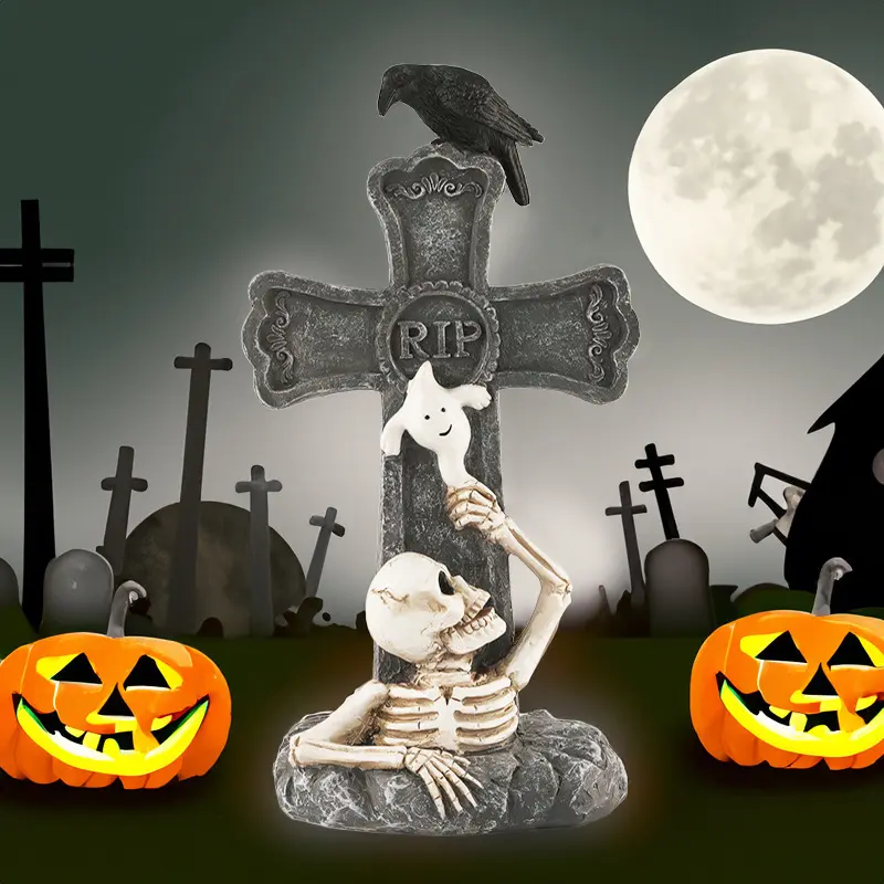 2024 Halloween-Dekoration im nordischen Stil Harz-Gärten-Raufen-Requisiten Grabstein Krähe Kürbis-Ornament für Halloween-Echtgeschenk