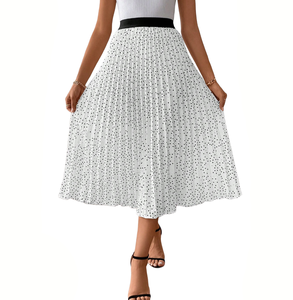 Falda Midi Plisada de Gasa con Puntos Blancos, Cintura Alta, Cintura Elástica en Contraste, Elegante y Casual para Fiesta, Personalizable - Product Image 1