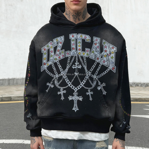 Streetwear Imprimé Sweats à Capuche Surdimensionnés Hommes Personnalisé Sun Faded Vintage Acid Wash Hoodie Distressed Rhinestone Hoodie Fabricants - Product Image 1