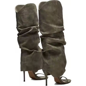High Quality Women's Shoes Elegant Women's Pleated Upper Sandals Shoes Round Toe Stiletto Heels Over-the-Knee Boots Long <b>Booties</b> - Product Image 3