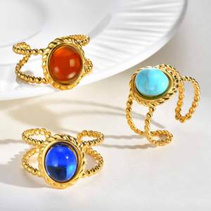 Bague en acier inoxydable 316L plaqué or 18 carats avec turquoise pour femme, bracelet perlé en corde, pierres bleues et rouges, ajustable, étanche, bijoux bohèmes - Product Image 4