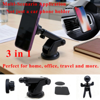 Support magnétique 3-en-1 pour téléphone de voiture, fixation à ventouse pour grille d'aération, bras télescopique rotatif à 360° pour tableau de bord et pare-brise