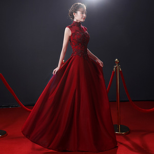 Red Ball Gown Evening Dress High Neck Burgundy Organza Satin Wedding Formal Long Style - Product Image 1