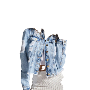 Chaqueta Varsity de Mezclilla Elástica Acolchada con Capucha y Detalles Desgarrados, Otoño 2025, Relleno 100% Poliéster para Mujer - Product Image 1