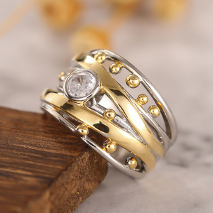 Anillo Elegante de Dos Tonos con Cuentas Cruzadas, Diseño Geométrico Minimalista, Joyería de Moda para Mujer, Uso Diario, Regalo Chic - Product Image 5