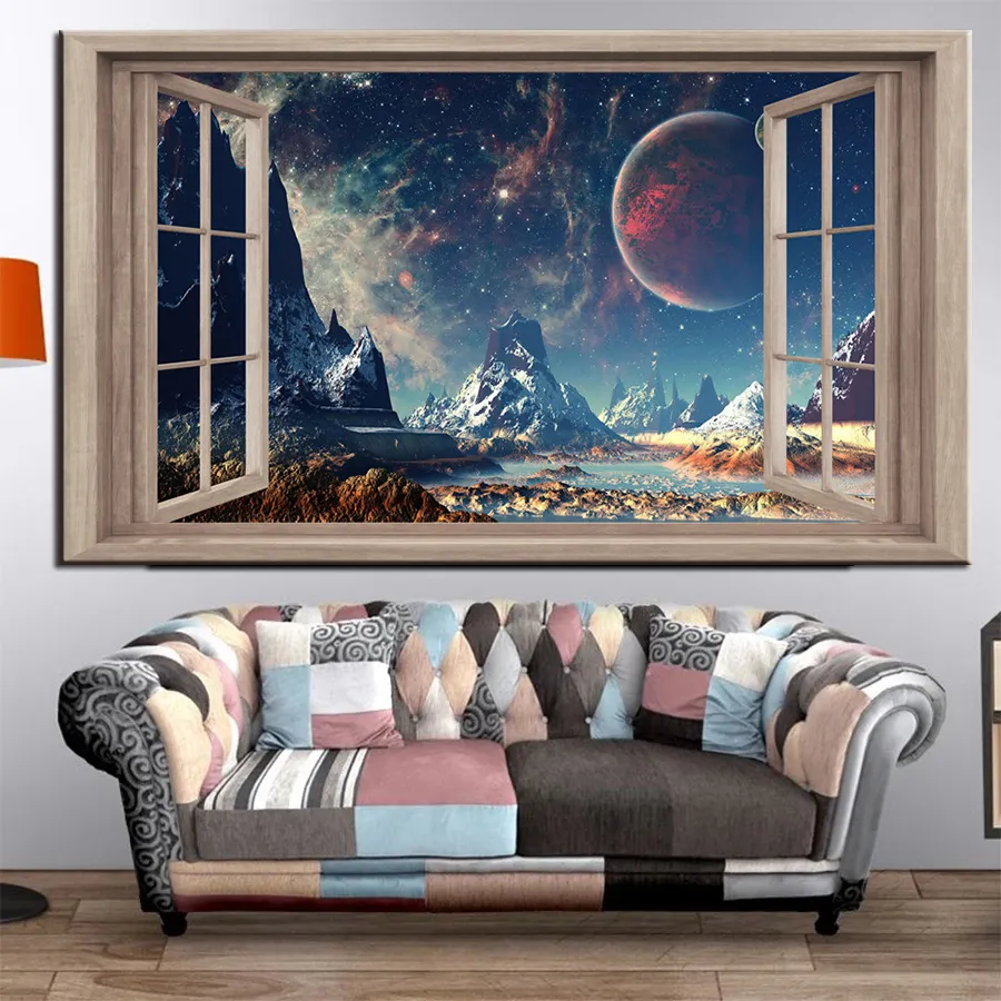 Fenster landschaft Mountain Planet Space und Star View Wand kunst Bilder und Poster drucken auf Leinwand Für zu Hause Wohnzimmer Dekor