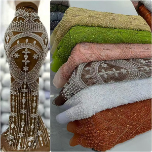 Tessuto in Pizzo Africano di Alta Qualità con Perle e Paillettes, Motivo a Coda di Fenice, 5 Iarde, per Matrimoni e Feste Aso Ebi - Product Image 1