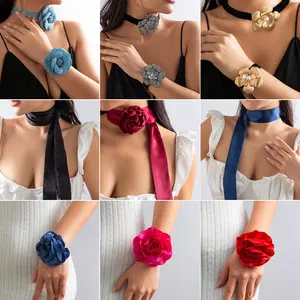 Trendy Pink Big Rose Silk Flower Clavicle Chain Necklace Bracelet Women fabric mesh Chiffon flower Choker Wed Accessories