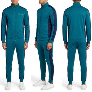 Men's Teal Blue Color Blocking Tracksuit Set Full Sleeve Zipper Sporty Casual Autumn Wear <b>Polyester</b> Cotton Regular Fit <b>Joggers</b> - Product Image 1