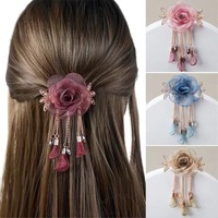 Pince à cheveux élégante en organza et fil de soie, motif rose porte-bonheur, 7,5 cm, pour demi-queue de cheveux horizontale, style quotidien printanier