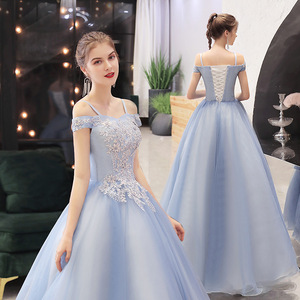Off The Shoulder Tulle Ball Gown Dress Empire Waist Lace Up Blue Gray Adult Evening Wear - Product Image 1