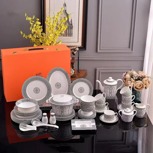 Best Selling 58pcs European Luxury Ceramic Dinner <b>Set</b> Customizable Gold Rim Flower Porcelain Bowls Plates <b>for</b> Hotels Restaurants - Product Image 1
