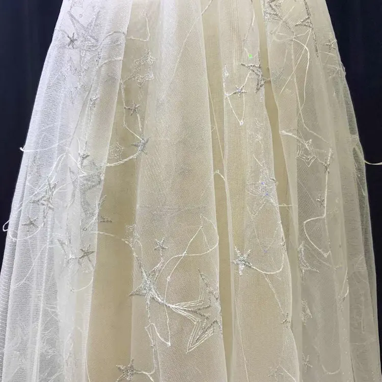 2022Shaoxing Textiel Fabriek Goedkope Glitter Tulle Ster Geborduurd Vrouwen Bruiloft Stof Voor Trouwjurk