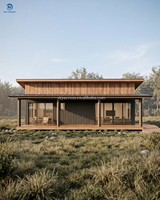 Maison préfabriquée en acier léger de style moderne, imperméable, avec terrasse en bois spacieuse, fenêtre panoramique du sol au plafond, luxe