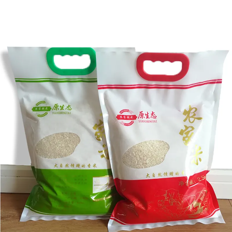 Embalaje al vacío de arroz personalizado, embalaje de plástico, 25kg, 50kg, 100kg, arroz de bolsas con mango