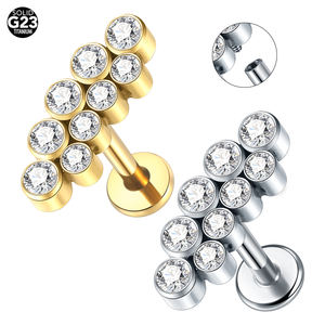 G23 Boucles d'oreilles filetées internes en titane Tragus Cartilage <span class=keywords><strong>Helix</strong></span> Daith Piercing Stud Double Line 9 CZ Labret Piercing Lip Ring 16G - Product Image 1