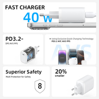 Cargador de Pared para Laptop y Dispositivos Móviles con USB-C PD 3.2 de 40W, Resistente al Fuego, Carga Rápida PPS, Adaptador de Corriente con Enchufe Europeo, OTP, Compacto y Portátil