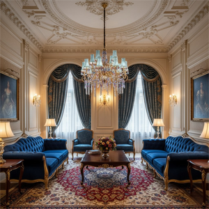 Exquisite Brass Crystal Shaded Chandelier French Luxury Blue Fabric <strong>Shade</strong> <strong>Beaded</strong> Hanging <strong>Light</strong> for Hotel Lobby - Product Image 5