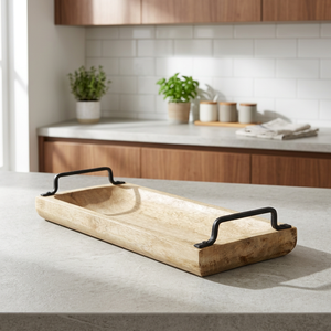 Rectangle Mango Wood <b>Serving</b> <b>Tray</b> With <b>Black</b> Metal Handles Minimalist Design Handmade Dishes & Plates - Product Image 2