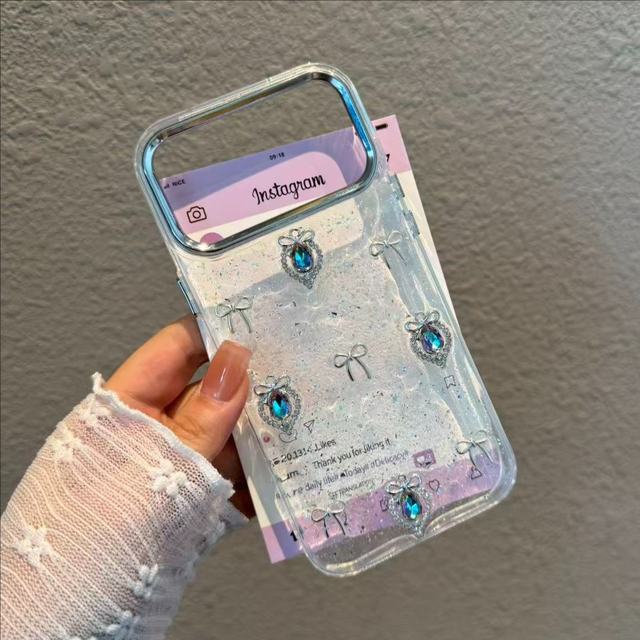 For 17 Pro Max New-Style DIY Silicone Gel Case with Blue Diamond Pendant Bow Premium Feel Heat Dissipation Womens Version
