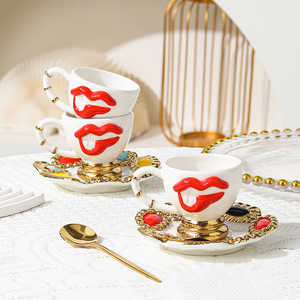 Creative Lip-Shaped Ceramic Coffee <b>Cup</b> & Saucer <b>Set</b>, Stylish Espresso Mug for Home Afternoon <b>Tea</b> Decor & Gift - Product Image 1