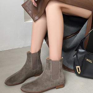 Gon22 <span class=keywords><strong>Bottines</strong></span> <span class=keywords><strong>Chelsea</strong></span> pour femmes Bottes en daim de vache gris Slip-On à la mode Résistant Automne Hiver Cuir véritable - Product Image 1