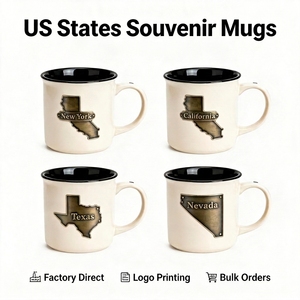 Taza de Porcelana Clásica Personalizada, Recuerdo Turístico, Interior Blanco, Exterior Negro, Taza de Café de Cerámica, Apta para Alimentos, con Mapa del Estado en Metal - Product Image 1