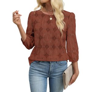 Blusa de encaje para mujer, manga 3/4, estampado floral, top informal, color caramelo, uso diario - Product Image 4