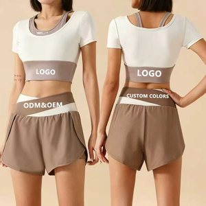 Women Yoga Set 2 Piece Layered Full Sleeve Crop Top Running Shorts Gym Fitness Workout Clothing Activewear Suit Solid Front Logo