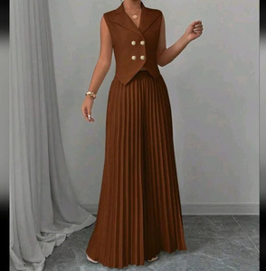C0330 Conjuntos de Ropa Moderna para <span class=keywords><strong>Mujer</strong></span>, Trajes de Oficina, Chaleco con Cuello en V y Pantalones Anchos Plisados, Conjunto de Dos Piezas - Product Image 4