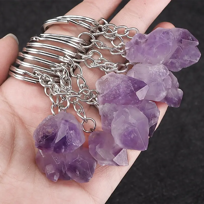 Natural Stone Keychains Raw Real Amethyst Crystal Quartz Stone Dangle Car Clasps Chains Key Rings Handbag Purse Holder