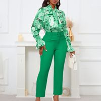 Ensemble chemisier et pantalon de bureau tendance pour femmes D457, chemisier à manches longues à imprimé élégant et pantalon assorti, tenue deux pièces pour femmes