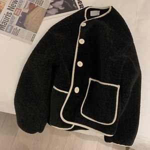 Faux Lamb Wool Coat Women Off White Khaki Black Solid Color Medium Thickness Pocket Autumn Winter Short Round Neck Top - Product Image 3