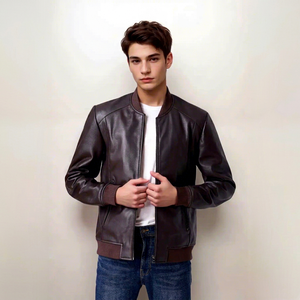 Blouson aviateur en cuir marron pour homme, style streetwear, coupe-vent, fermeture éclair, col montant, coupe classique, idéal pour l'automne - Product Image 1