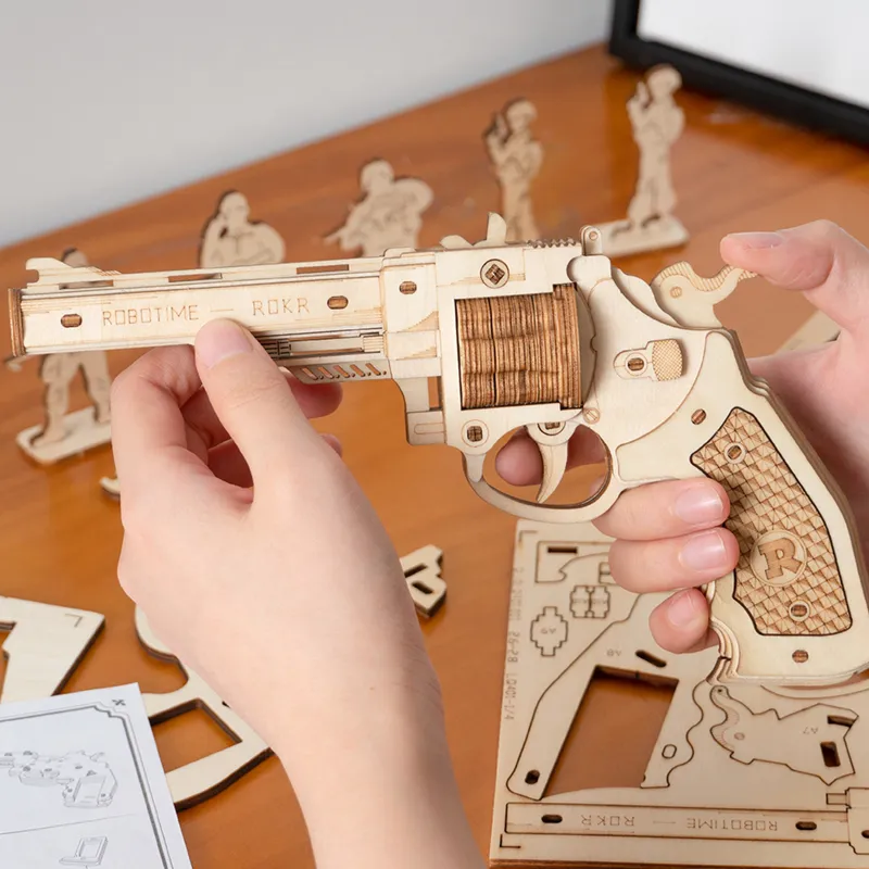Cpc cấp giấy chứng nhận ban nhạc cao su súng máy đồ chơi DIY thủ công bằng gỗ Câu Đố Súng 3D mô hình câu đố với an toàn Bullet cho dropshipping