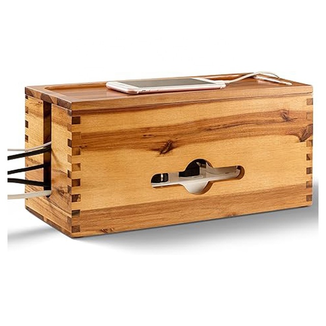 Acacia Wood 15\" L Cable Management Box Wooden Cable Organizer for Hiding Power Strip Router Wires Office Desk Cord Storage