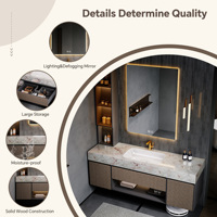 Muebles de Baño Flotantes de Lujo para Hotel, con Encimera de Piedra Sinterizada, Gabinete de Madera Sólida, Espejo LED Inteligente, Lavabo Integrado