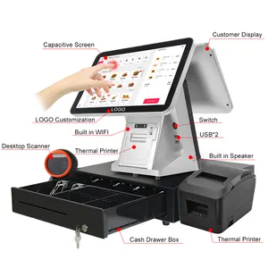 Máquina de sistema pos todo en uno, terminal de doble pantalla j1900, para restaurante, venta al por menor, caja registradora afilada con impresora