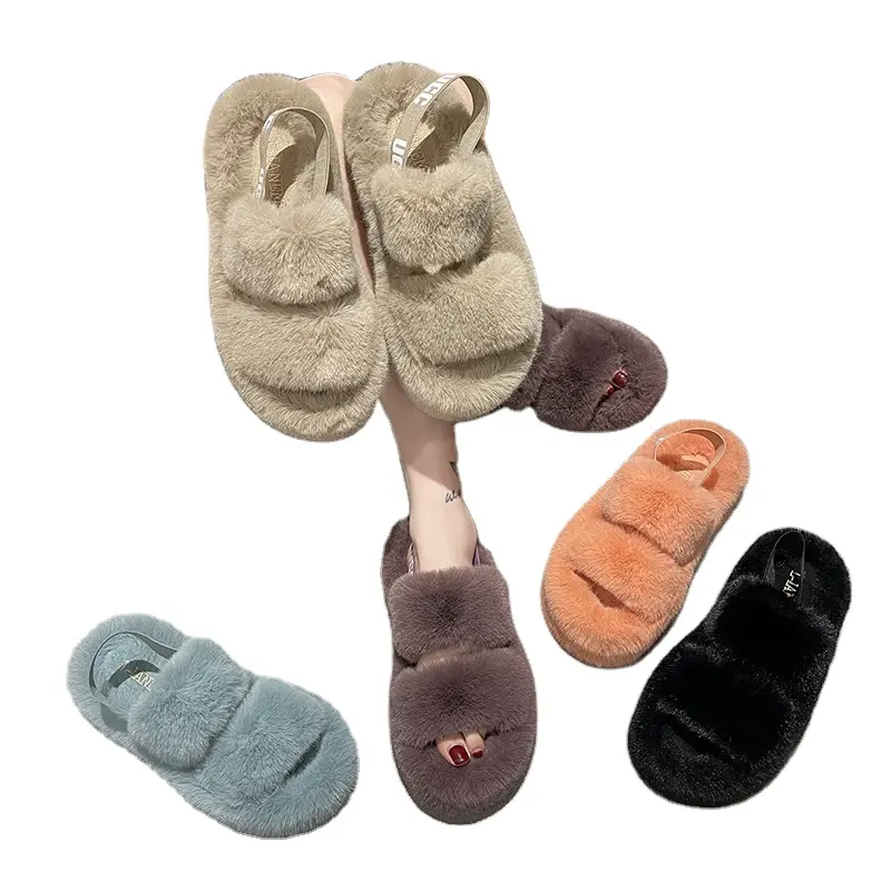 Cozy Open Toe Band Slippers Winter Indoor Outdoor Home Ladies Fluffy Slides Plush Faux Fur Slippers For Women