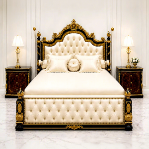Cama de Estilo Barroco Europeo con Tapicería de Diamantes, Cama de Estilo Barroco Negro y Dorado Europeo, Juego de Cama de Estilo Rococó - Product Image 1