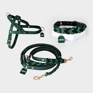 Set di Collare e Guinzaglio in Vera Pelle di Lusso Stile Occidentale Intrecciato a Mano Regolabile per Passeggiare il Cane - Product Image 1