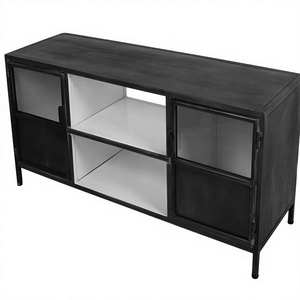 Vintage Style Metal Sideboard <b>Black</b> Glass Doors Storage <b>Cabinet</b> for Dining and <b>Living</b> <b>Room</b> Furniture - Product Image 1