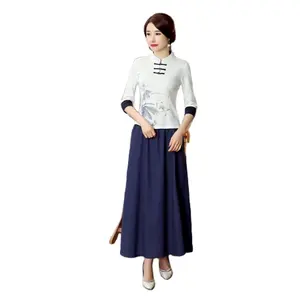 Vrouwen Ruches Shirt Katoenen Tang Pak Chinese Traditionele Vintage Blouses Met Lange Mouwen