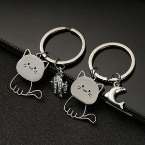 Factory Direct Sales Simple Stainless Steel Cartoon Creative Keychain Cute <b>Cat</b> and Fish Couple Pendant - Product Image 2